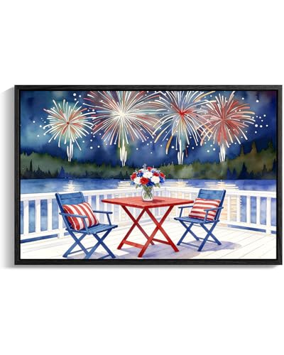 Image of American Flag Framed Canvas Wall Art, 4th of July Red White Blue Canvas Prints, Watercolor Lakefront Fireworks Patriotic Decorations, Independence Day Wall Decor for Bedroom Living Room 6x8