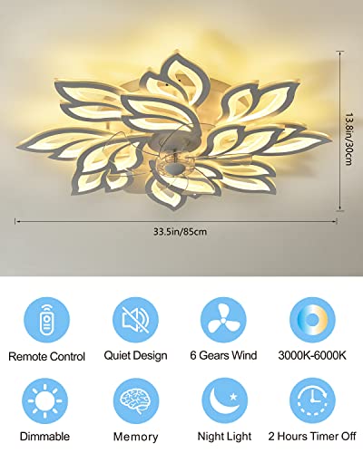 33.5" Modern Ceiling Fans With Lights And Remote, Dimmable 3 Color Low Profile Ceiling Fan With Light, 6 Gear Quiet Flush Mount Led Ceiling Fan, White Bladeless Ceiling Fan With Light For Bedroom 100W #TOP6