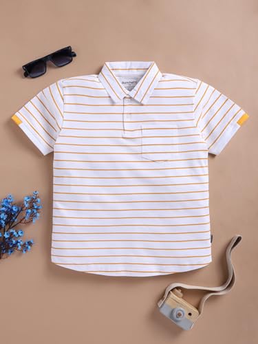 Image of Bumchums Boys Casual Regular Fit Polo Half Sleeve T-Shirt for Kids, Boys, Striped Printed