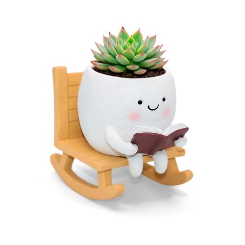 LAUGOKEBE Smily Face Reading Book Planter Pot, Cute Resin Flower