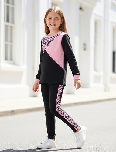Image of PATPAT Little Girls Clothes Crew Neck Leopard Color Block Sweatshirt and Leggings Girls Outfits Size 4-12Y
