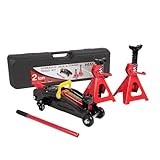 2-Ton (4400 lbs) Hydraulic Low Profile Trolley Garage Service/Floor Jack with Blow Mold Carrying Storage Case and 1 Pair 2 Ton Jack Stands for Home and Workshop Vehicle Maintenance
