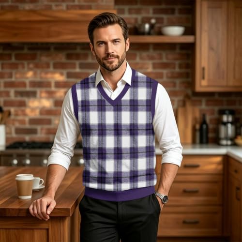 Christmas Sweater Vest Men V Neck Plaid Knit Lightweight Pullover Sweater - image 4