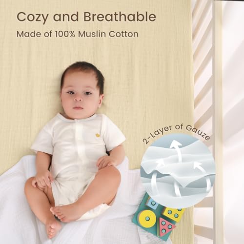 Image of david's kids Muslin Mini Crib Sheets, 2 Pack Cotton Pack N Play Sheets for Boys Girls Neutral, Soft Breathable Baby Sheets Fit Pack N Play, Playard and Mini Crib Mattresses, Beige & Green
