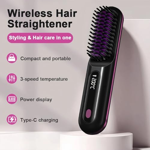 Image of Cordless Hair Straightener Brush for Women, Portable Travel Hair Straightener Brush, Ionic Ceramic Mini Hot Comb with Fast Heating, 3 Heat Settings, USB Rechargeable Anti-Frizz Styling Tool (White)