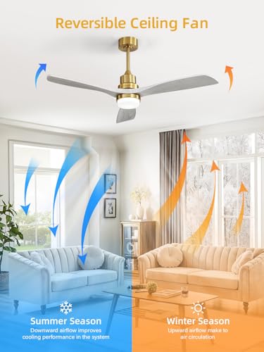 Image of Sofucor 52 Inch Wood Ceiling Fans with Lights and Remote, Indoor /Outdoor | Modern, 3 Blade, Quiet Reversible DC Motor, 3CCT Dimmable, 6 Speeds, Timer, Bedroom /Living Room /Patio /Kitchen, Gold+Grey