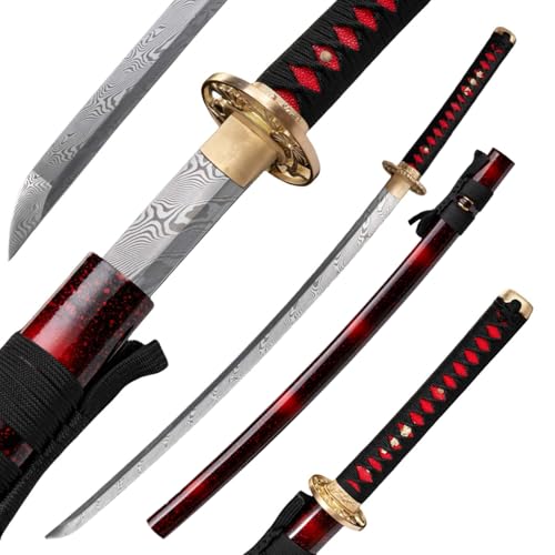 KAWANO Katana Sword Japanese Handmade Damascus Steel Folded Samurai Sword Functional Full Tang Blade Katana Real Rayskin Handle with Gift Bag (Yukimura)