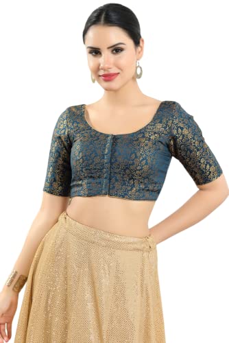 Image of Vamas Women's Brocade & Georgette Padded Self Design Half Sleeve Readymade Saree Blouse (X-1126.ELB)