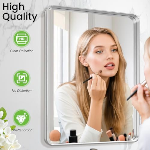 28x36 Inch Large Brushed Nickel Bathroom Mirror, Premium Aluminum Anti-Rust Frame, HD Wall Mounted Decorative Mirror, Oversized Rectangle for Double Vanity and Master Suite