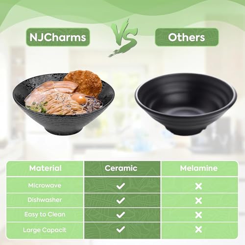 Image of NJCHARMS Ceramic Ramen Bowl Set of 2, 60 oz Japanese Noodle Soup Bowls with Spoons and Chopsticks for Ramen Soup Pho Udon Asian Noodles, Large Noodle Bowls(Black