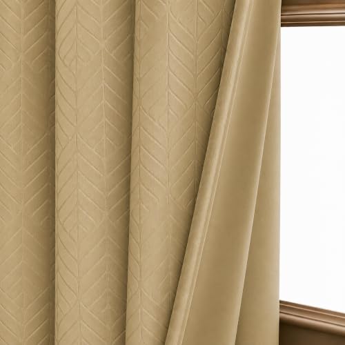 Image of LINENWALAS 100% True Blackout Door Curtains 7.5 Feet Long Set of 2 |Embossed Herringbone Leaf Design |Room Darkening Curtain |Thermal Insulated Curtains for Living Room (7.5 Feet, Golden Beige)