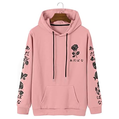 ChArmkpR Mens Long Sleeve Hoodies Floral Printed Fleece Pullover Sweatshirt Soft Longe Wear Comfy Jumper Adult Top with Pocket Pink M Cover