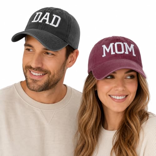 Image of Mom Dad Embroidered Baseball Caps Set of 2 Adjustable Couples Cotton Hats | Soft cotton matching caps with premium embroidery and adjustable fit, perfect for couples, parents, family photos and gifts.