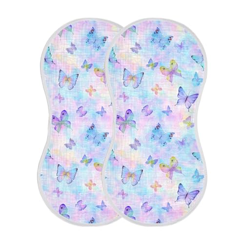 Muslin Baby Burp Cloths, Purple Butterflies Baby Bibs Rags Comfy Soft Absorbent in for Newborn Boys and Girls 2 Piece 22 x 11 Inch
