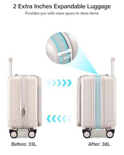 Image of Hanke 45cm Expandable Mini Cabin Trolley Bags, Hard Shell Polycarbonate Top Opening Suitcase, 8 Silent Spinner Wheels, Lightweight Carry On Luggage for Daily Commute & Short Travel,Ivory White