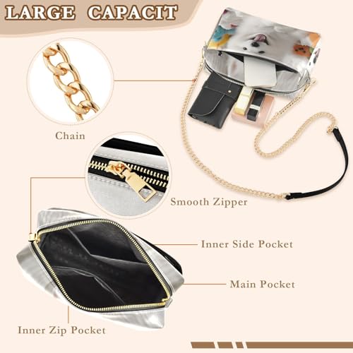 Women Crossbody Bag Shoulder Handbag Cellphone Purse White Cute Dog Print, PU Leather Metal Chain Strap Water Resistant Zipper Closure4