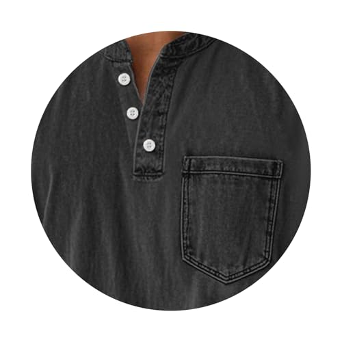 Men's Vintage Henley Shirt Distressed Long Sleeve Button Down Stand Collar Top Classic Retro Washed Tops3