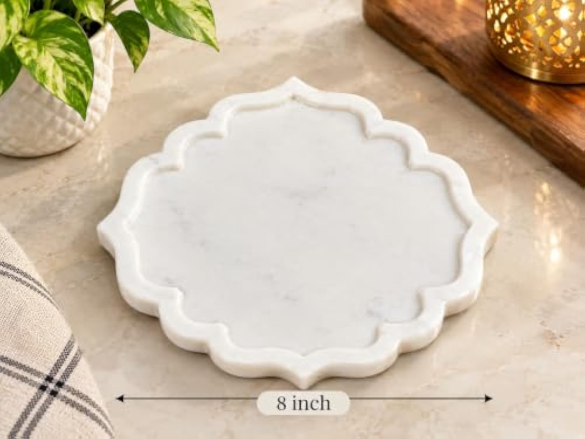 White Marble Scalloped Trivet Serving Base, 8 Inch