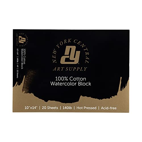 New York Central Watercolor Paper Block - 10x14" - 20 Sheets, 140 lb. Hot Press - 100% Cotton, Acid-Free, Archival Quality, Bright White Watercolor Paper Pad for Wet & Dry Media