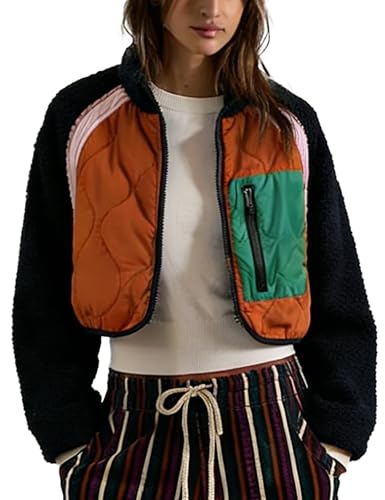 TIQOJE Womens Fuzzy Fleece Jacket Cropped Zip Up Long Sleeve Casual Outwear Warm Winter Patchwork Jackets(0-Navy-XS)