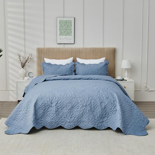 Image of Oversized California King Bedspreads 120x120 for Extra Tall Split Cal King Bed Lightweight Quilted Coverlet Set 3 Pieces 1 Quilt 2 Pillow Shams Faded Denim