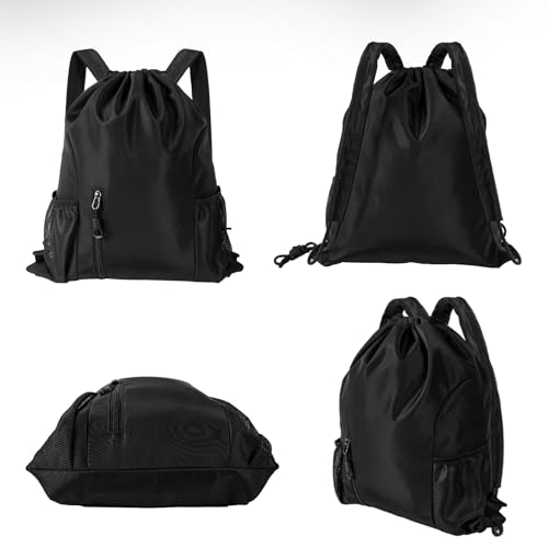 Miniatura 7 de Qoosea Mochilas De Cuerdas, Impermeable Deporte Mochila Ligera Nylon Bolsa De Gimnasio Con Cordón Para Hombre Mujer, Gym Bag Para Deporte, Escolar, Senderismo, Gimnasio, Casual, Viaje, Playa Negro