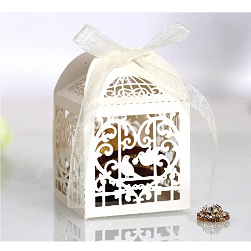 GIVBRO Lot de 50 boîtes à dragées pour mariage - Motif oiseaux - Avec ruban - Pour décoration de fête d'anniversaire - Beige