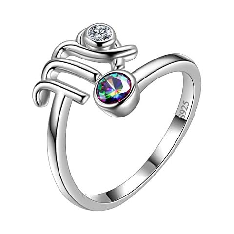 Aurora Tears Virgo Zodiac Rings Women 12 Constellation Horoscope Sign 925 Sterling Silver Mystic Rainbow Topaz Astrology Star Adjustable Birthday Gifts Fire Topaz Present DR0087C Cover
