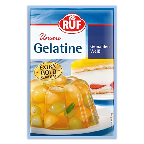 RUF Gelatine weiß gemahlen Speisegelatine zum Gelieren Verdicken Stabilisieren und Emulgieren einfache Verwendung ohne Klumpen glutenfrei 3x9g