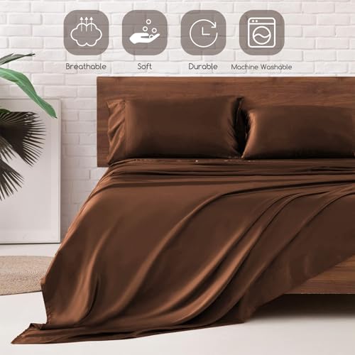 Image of MR&HM Satin Bed Sheets, Full Size Sheets Set, 4 Pcs Silky Bedding Set with 15 Inches Deep Pocket for Mattress (Full, Brown)
