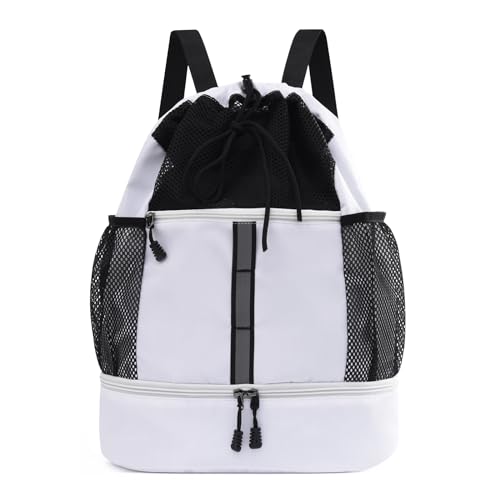 Valleycomfy Drawstring Gym Bag Sports Backpack With Shoe Compartment and Reflective Strips White