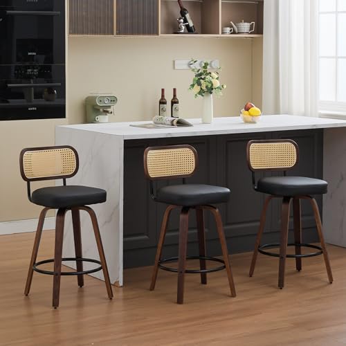 Image of Swivel Counter Height Bar Stools Set of 3, 26 inch Bar Chairs with Curved Rattan Back, Upholstered PU Leather, Walnut Craftsmanship, Mid Century Modern Counter Stools for Kitchen Counter, Black