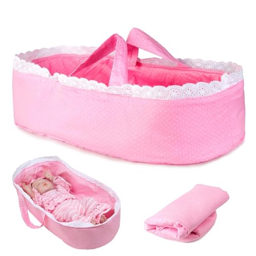 Reborn Baby Doll Bassinet Soft Crib Bed Accessories with Handle for 16-22 inch Babydolls, Foldable Reborn Baby Doll Bed Carrier Pink
