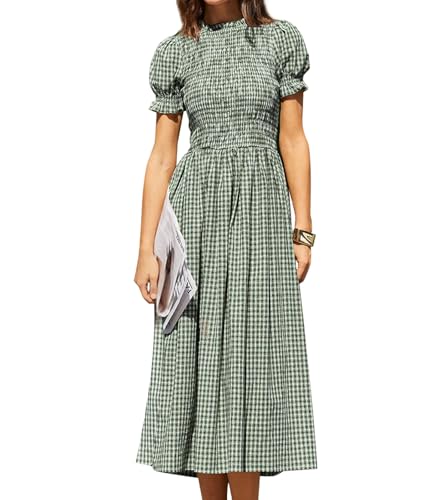 Image of RIHOAS Plaid Gingham Midi Dress Short Sleeve Smocked Dresses for Women | Cotton,Ruffle Puff Sleeves,Vintage Brown,Spring Summer Casual Daily,Picnic,Travel,Vacation,Christmas Festive Occasions