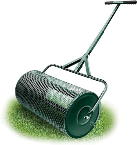 Spandiconcime per compost, 61 cm, durevole, rullo per prato, rullo leggero per spargere letame con manico a forma di T, spargitore per terreno superiore per prato e giardino, setaccio per passeggiate