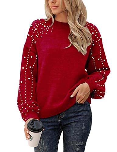 Image of Blooming Jelly Women's Chunky Sweater Crewneck Sweatshirt Knit Lantern Sleeve Oversized Pullover Sweater with Pearls