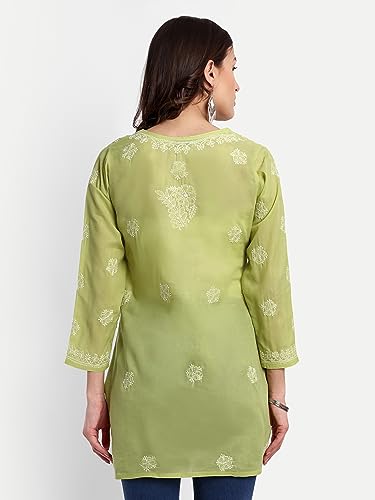 Image of Ada Hand Embroidered Lucknow Chikankari Straight Round Neck Cotton Blend Short Kurti Tunic Top for Women A911333