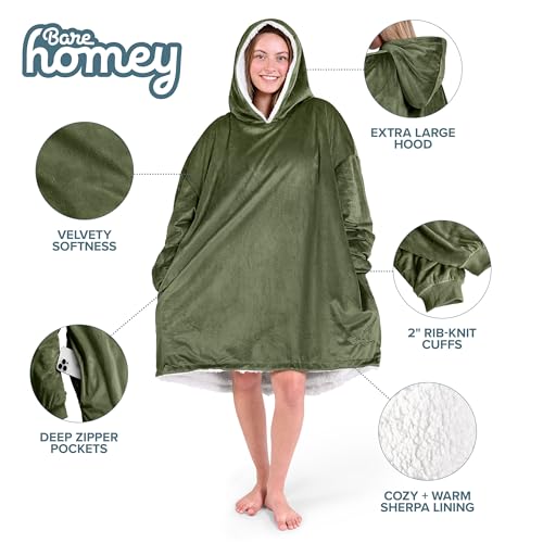 Image of Bare Home Wearable Blanket Hoodie - Soft Plush Sherpa - Warm and Cozy - Oversized Wearable Blanket