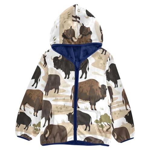 Bison Pattern Print on Fabric Toddler Fleece Jacket Girl Boys Hooded Fleece Jacket Coat Warm Outwear Zip-up 3-10T