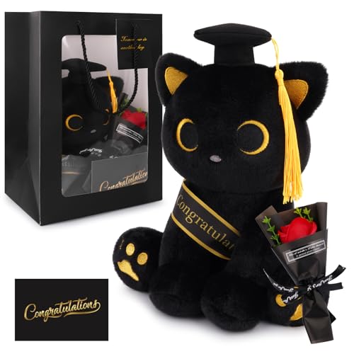 Image of 2026 Graduation Gift Set - Black Cat Plush with Soap Rose Bouquet & Card, Class of 2026 Stuffed Animal for Her, Him & Kids, High School College Graduate