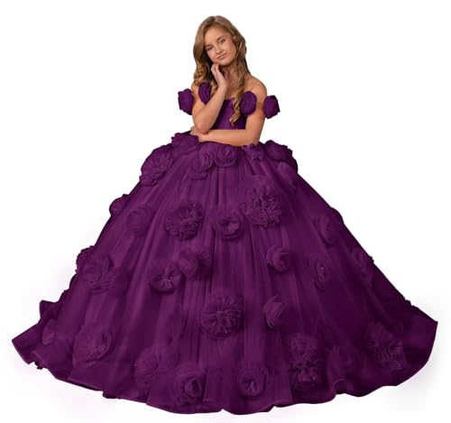 Tulle Flower Girl Dresses Off Shoulder Pageant Dress 3D Floral Formal Princess Party Ball Gown for Girls