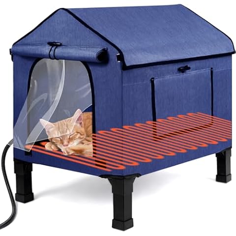 Heated Cat House for Outside, Waterproof Outdoor Cat Shelter with Thermostatic Pet Heating Pad for Winter, Large Elevated Pet Hetaing Bed with Rmoveable Canopy for All Seasons Cover