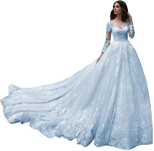 Youjiayi Long Sleeve Wedding Dresses for Bride Princess Tulle Lace Wedding Gowns with Train A-Line Bridal Gowns for Women