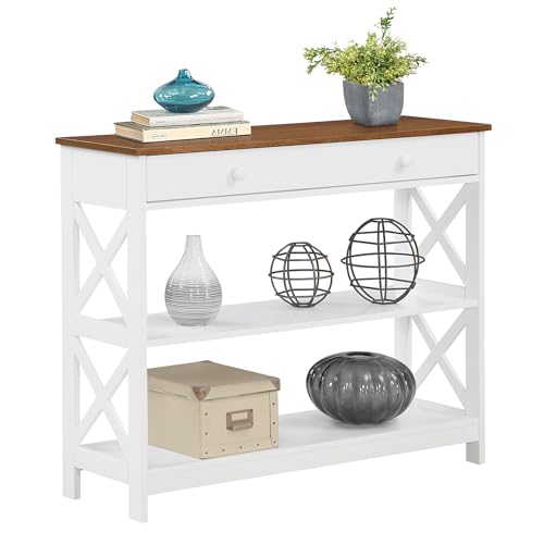 Image of Convenience Concepts Oxford 1-Drawer Console Table 39.5 inch - Farmhouse Sofa Display with Storage Shelf For Living, Family, & Dining Room, Modern Entryway Hall Table for Kitchen, Bedroom, Driftwood /White