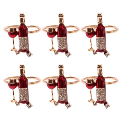 Set of 6 Metal Napkin Rings Red Wine Bottle Wine Glass Shiny Rhinestone Alloy Napkin Ring Buckle Holiday Table Setting Wedding Party Cocktail Party Napkin Ring Home Kitchen Bar Club Table Decoration