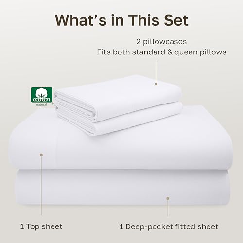 Image of California Design Den Queen Sheet Set - Luxury 600 Thread Count Sateen, 100% Cotton Deep Pocket Queen Sheets with All Around Elastic, Snug Fit, Hotel Quality Bedding Set - White
