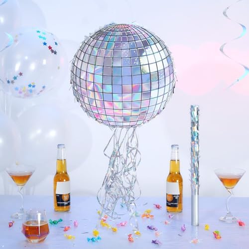 WERNNSAI Disco Party Pinata - Silver Disco Ball Pinata with Blindfold and Stick Hip Hop 80s 90s Retro Dance Disco Party Decoration Supplies for Birthday Wedding New Year Decorations - 1