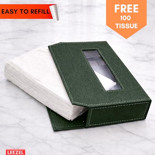 Image of LEEZEL| Tissue Box Holder with 100 Pulls Cotton Rags Tissue | Handcrafted Fine Leather - Like Finish | for Gifting, Office Desks, Cars & Home Decor | Durable & Water Resistant. (Military Green)