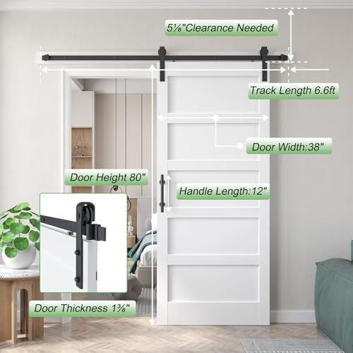 Image of Fredbeck 38x80 inch White Barn Door with 6.6 FT Sliding Door Hardware Kit Included & Handle,MDF,Solid PVC Surface,DIY Assembly,5-Panel