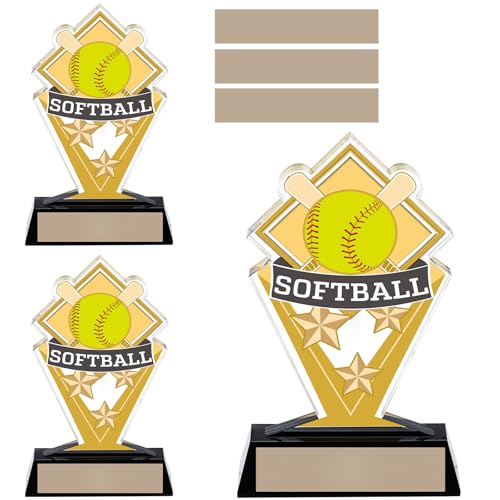Gerrii Acrylic Trophies Awards with DIY Name Stickers Pack of 3 Champion Trophy Medals Team Reward Gift for Basketball Softball Baseball Competition Contest Tournament 5.8/6.14/6.38inch(Softball)